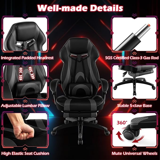 Giantex Gaming Chair with Footrest for Adults Reclining Video Game Chair w/Lumbar Support Racing Style Ergonomic Office Computer Chair Height Adjustable Swivel Gamer Chair for Gaming (Grey)