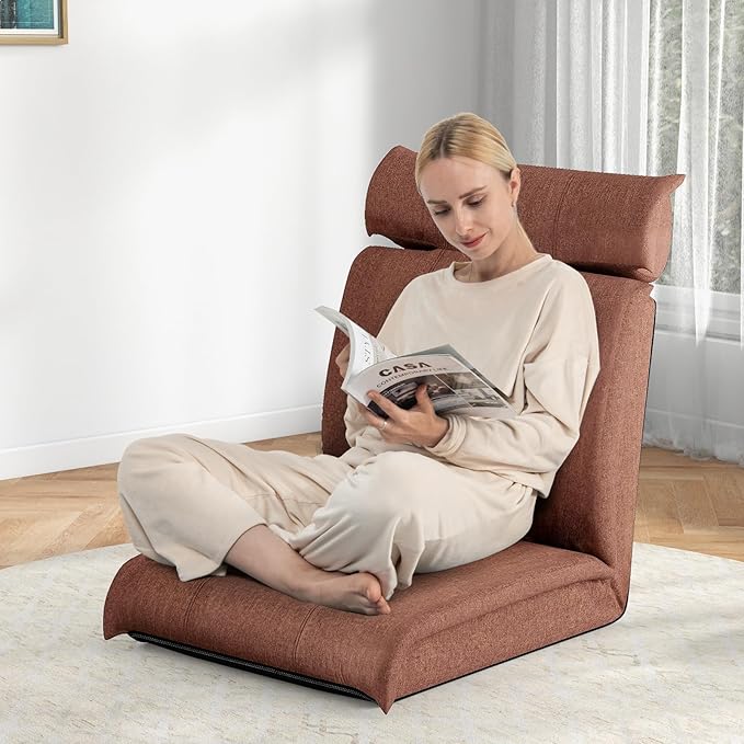 Giantex Floor Chair Floor Gaming Chair with Back Support 14-Poistion Adjustable Backrest 5-Position Adjustable Headrest Load 330 Lbs Lazy Sofa Couch Recliner for TV Reading Meditation (Brown)