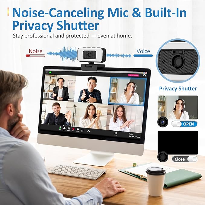 2K Webcam for Laptop Computer Camera with Light for PC/Desktop/Mac [Light Your Face Free Your Space] USB Webcam with Auto Anti-Disturb Backlight Zoom &amp Flip Privacy Cover Microphone