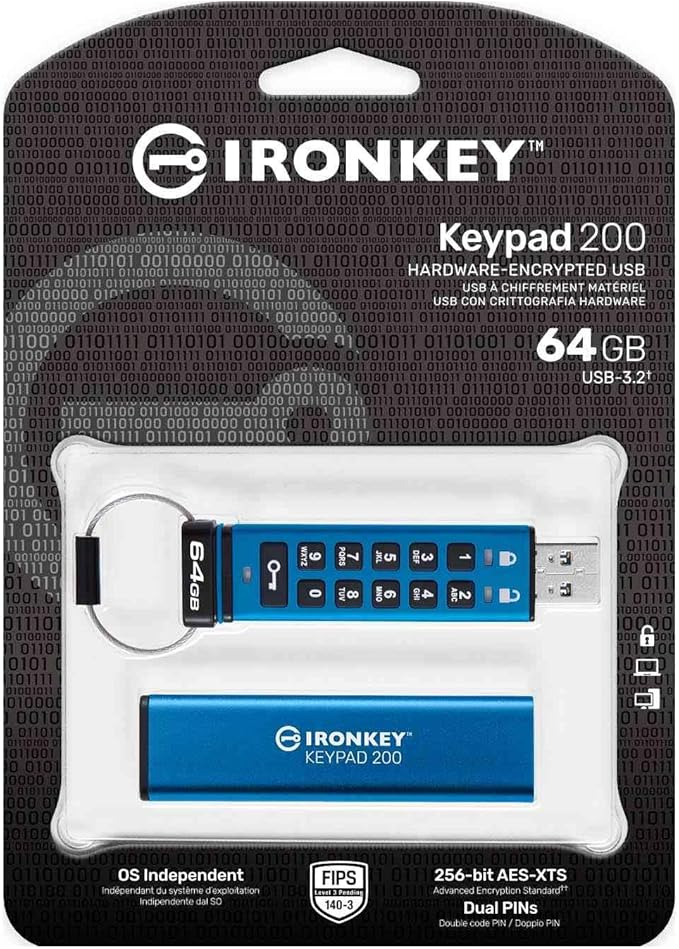 Kingston Ironkey Keypad 200 64GB Encrypted USB | Alphanumeric Keypad | Multi-Pin Access | XTS-AES 256-bit | FIPS 140-3 Level 3 Certified | Brute Force &amp BadUSB Protection | IKKP200/64GB
