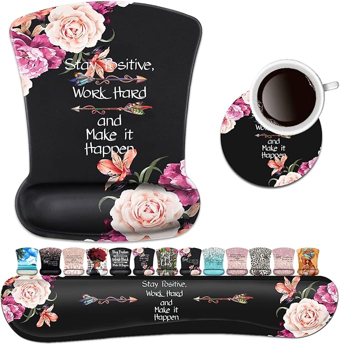 Keyboard Wrist Rest Pad and Ergonomic Mouse Pad Wrist Support Set Peony Flower Stay Positive Work Hard and Make It Happen for Gaming Office Comfortable and Pain Relief with Coaster Set
