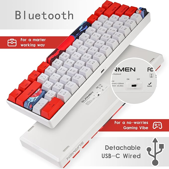surmen GT61 60% Mechanical Gaming Keyboard 60 Percent RGB Backlit Hot-Swappable Wireless/Wired Compact Mini Keyboards Bluetooth 5.0 Keyboard Programmable/N-Key Rollover (Yellow Switch Sun)