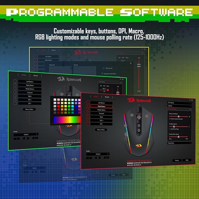 Redragon Updated S107 Gaming Keyboard and Mouse RGB Gaming Keyboard and 10000 DPI Mouse Combo with 25-Key Anti-Ghosting 1K Hz Programmable Mice with Software Plug &amp Play to PC Laptop [Upgrade]