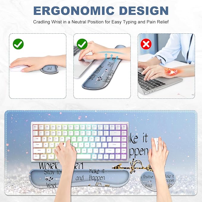 Desk Mat Gaming Mouse Pad Wrist Rest Support Combo XXL Large Mousepad + Keyboard Wrist Support +Mouse Wrist Rest+Coaster Set with Ergonomic Design 4in1 for Home Office Stay Positive Blue