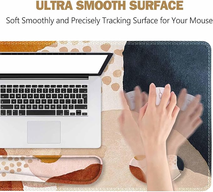 ToLuLu Extended Gaming Mouse Pad Memory Foam Ergonomic Keyboard Mouse Wrist Rest Support Set Large Desk Mat with Stitched Edges Non-Slip Base Mousepad for Home Office and Game Brown Boho Art