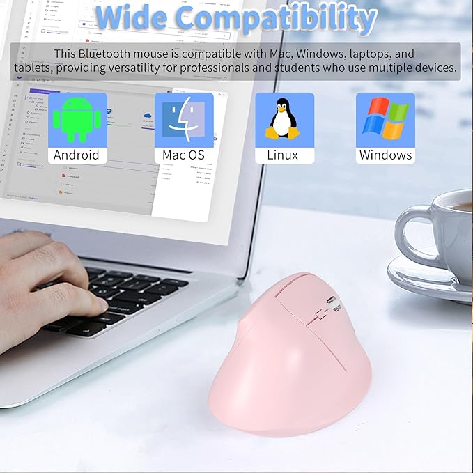Bluetooth Wireless Vertical Mouse - Ergonomic Design Rechargeable with Type-C Silent Operation for Office and Home Use Ideal for Professionals &amp Students (Pink)