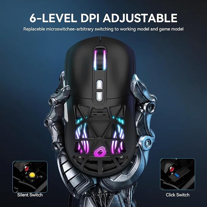 FD Wireless Gaming MouseRechargeable RGB Programmable Macro Mouse10000 DPITri-Mode 2.4GHz/BT 5.0 with Wired3.7V 500mAh Built-in Battery for Laptop Desktop PC MacBook Chromebook - Black