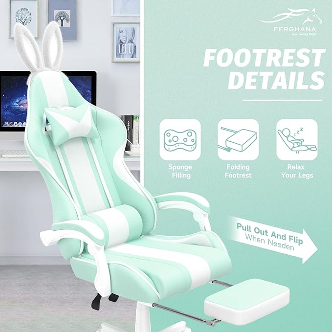 Ferghana Kawaii Light Green Gaming Chair with Bunny Ears Ergonomic Cute Gamer Chair with Footrest and Massage Racing Reclining Leather Computer Game Chair for Girls Adults Teens Kids