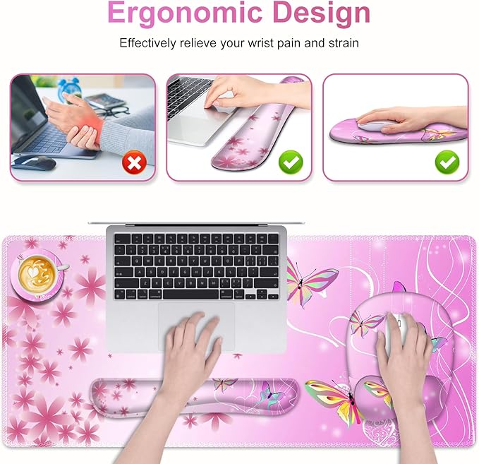 Mouse Pad with Wrist Support 4 in1 Set XXL Big Game Mousepad + Keyboard Wrist Rest + Mouse Wrist Rest Pad +Coaster Gaming Mat for Work Study Home Office I Gradient Pink Butterfly Flower