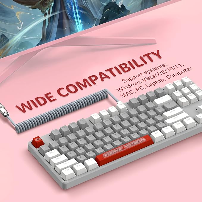 Magic-Refiner AK873 Gaming KeyboardRainbow Led BacklitHot-Swappable Linear Red SwitchPBT Keycap75% TKL LayoutErgonomic Mechanical Keyboard with Custom Coiled USB/Type-C Aviation Cable(White Grey)