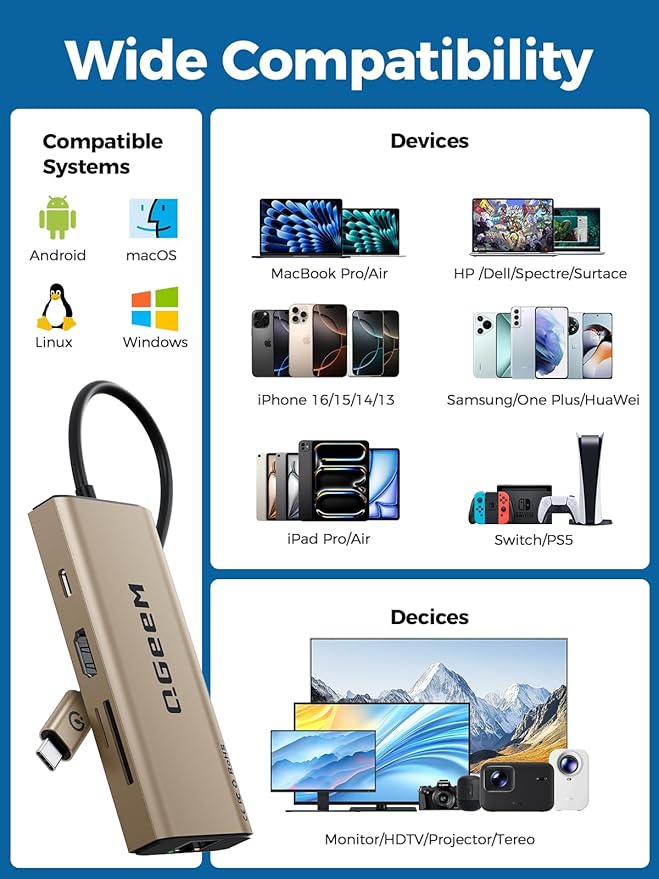 QGeeM USB C Hub Ethernet9 in 1 USB Type C Hub HDMI Multi-Port Converter Adapter100W Pd USB 3.0SD/TF Card ReaderCompatible for MacBook Pro Air Ipad HP Dell Lenovo Chromebook etc.-Brown