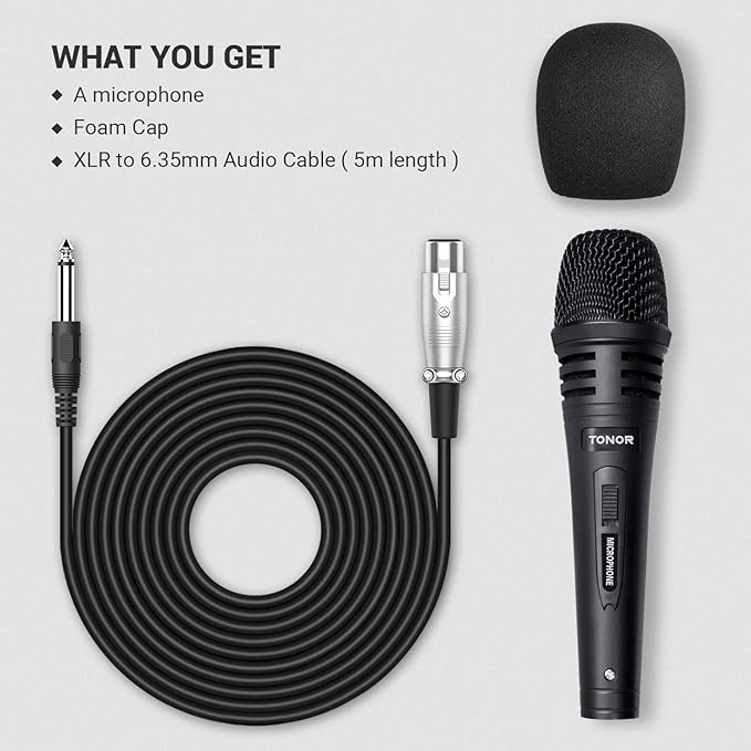TONOR K1 Vocal Microphone for Singing Dynamic Handheld Wired Karaoke Mic Microfono with 5M XLR to 1/4 Cable Compatible with Amp Mixer Suitable for Speech Karaoke and Outdoor Activities