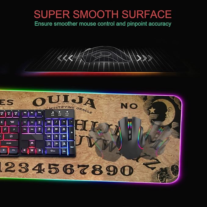 RGB Gaming Mouse Pad with Coffee Coaster XXL Large Glowing LED Mousepad Anti-Slip Rubber Base Computer Keyboard Desk Mouse Mat 31.5 X 11.8 Inch - Retro Ouija Board