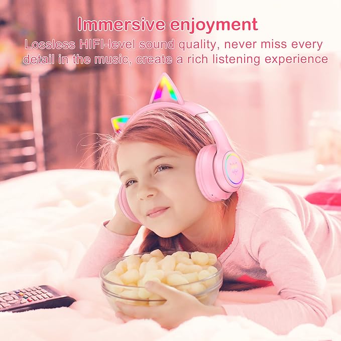 Pink Bluetooth Cat Ear Headphones for Kids &amp Adults Wireless &amp Wired Mode Foldable Headset with Mic - Clear Sound Quality - RGB LED Light for Girls School Gaming for Phone/Laptop/PC/Tablet