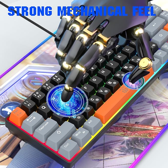 Snpurdiri 60% Percent Gaming Keyboard Compact RGB Backlit Small Gaming Keyboard for Windows PC Laptop (68 Keys Black-Grey-Orange)