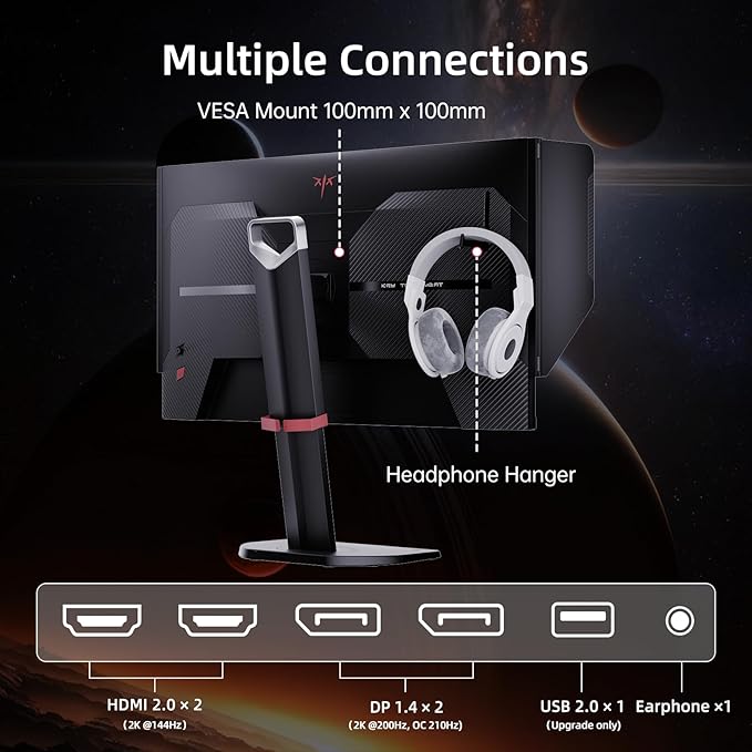 KTC 27 Inch Gaming Monitor 27M1 1440p 200Hz Computer Monitor with Built-in Sperkers Up to 210Hz 2K QHD Fast IPS Adaptive Sync 130% sRGB ΔE＜2 Height Adjustable Monitors with Shielding Hood