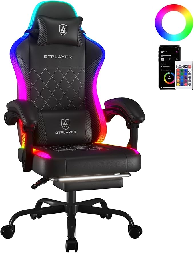 GTPLAYER RGB Gaming Chair with Footrest Massage LED Lights Lumbar Support - Ergonomic Computer Chair with Linkage Armrest Video Game Chairs PC Game Chairs for Adults