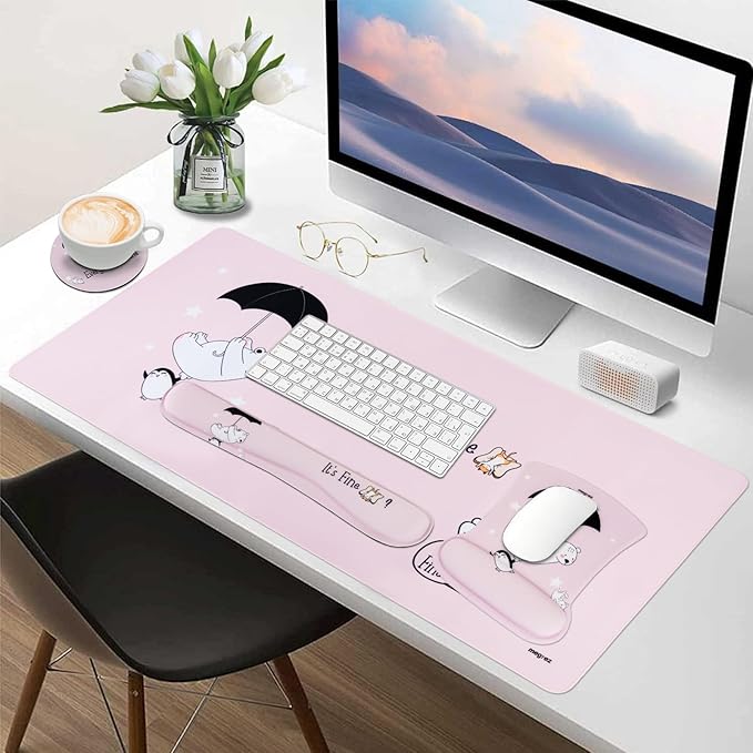 MEGREZ 4-in-1 Ergonomic Memory Foam Wrist Rest Set Desk Pad Mouse Pad with Wrist Rest Keyboard Pad Suitable for Office Workers Programmers &amp Gamers–Relieve Typing &amp Gaming Fatigue Pink