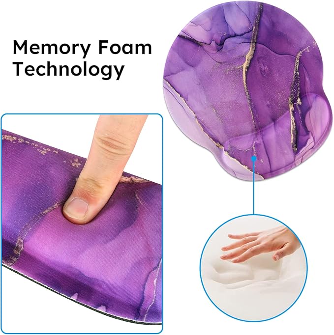 iCasso Purple Ergonomic Large Mouse Pad with Wrist Support 4in1 XXL Desk Mat Set- Keyboard Wrist Rest + Mouse Wrist Rest + Coaster Marble Style Desk Pad Mousepad
