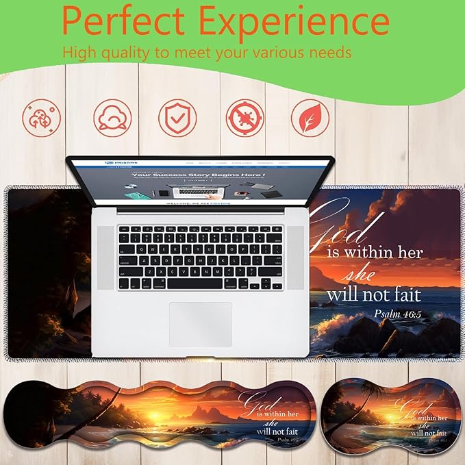 4 in 1 Mouse Pad Combo Large Gaming Mouse Pad + Keyboard Wrist Support + Mouse Wrist Rest + Coaster Table Pad with Stitched Edge Ergonomic Wrist Pad Set Twilight Beach Bible 46:5