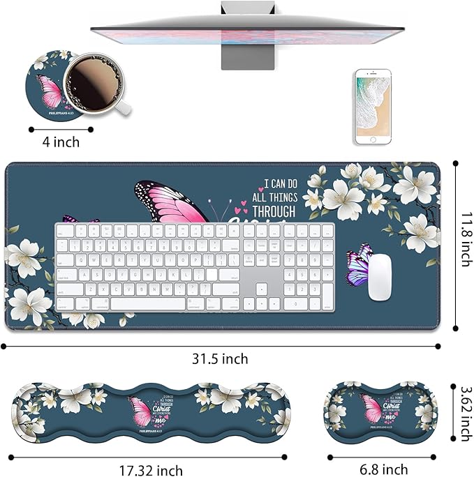 Ergonomic Keyboard Wrist Rest &amp Mouse Pad Wrist Rest Set Large XXL Gaming Desk Mat 31.5x 11.8 with Non-Slip Base for Home Office Study Gaming Floral Butterfly Quote Bible Verse Philippians 4:1