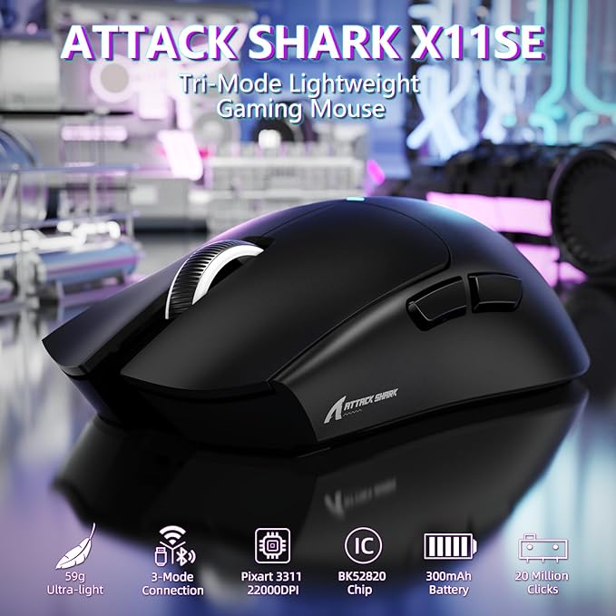 MAMBASNAKE Attack Shark X11SE Lightweight Wireless Gaming Mouse Tri-Mode 2.4G/USB-C Wired/BT 22K DPI PAW3311 Optical Sensor 59g 5 Programmable Buttons 300mAh Battery for PC/Mac(Black)