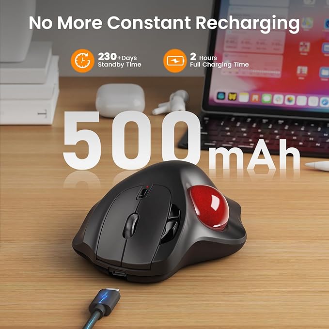 SABLUTE MAM2 Wireless Trackball Mouse Rechargeable Ergonomic Mouse with Thumb Control for 3 Devices (Bluetooth and USB) 5-Level DPI Silent Click Compatible PC Laptop Mac iPad Easy Clean