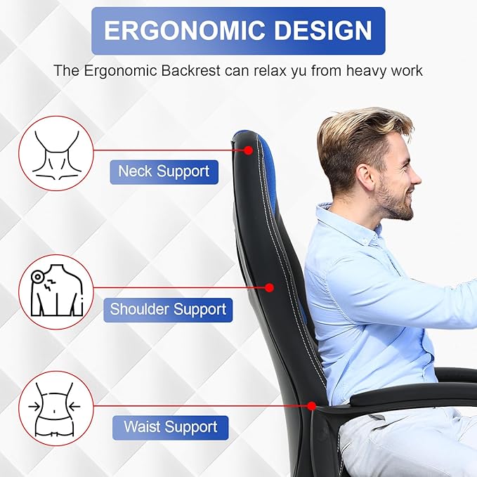 Gaming Chair PU Leather Chairs Ergonomic Office Chair Executive Computer Chairs High Back Computer Task with Lumbar Support Adjustable Height Blue