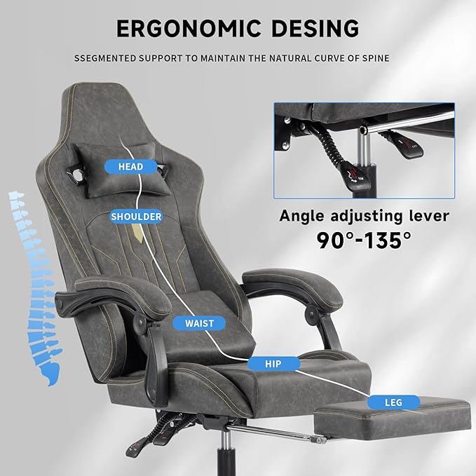 Premium Grey Gaming Chair - Ergonomic Video Game Chair with Massage Lumbar Support &amp Adjustable Footrest PU Leather Racing Seat for Adults
