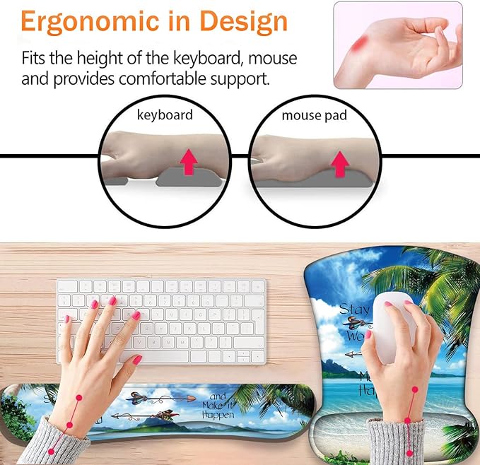 Keyboard Wrist Support + Wrist Mousepad + Coaster Combination Non-Slip PU Base with Gel Memory Mousepad Suitable for Gaming Office Pain Relief Mousepad Set - Shore Palms Tropical Beach