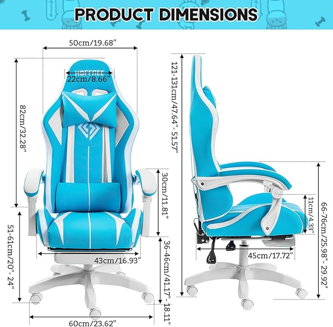 RGB Gaming Chair with LED Lights Ergonomic Massage Computer Chair with Footrest Reclining Video Game Chair with Adjustable Lumbar Support High Back Game Chairs for Adults Light Blue and White