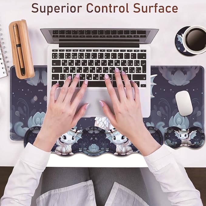 Large Gaming Table Pad 31.5 x 11.8 + Keyboard Wrist Pad + Mouse Wrist Pad + Coaster Non-Slip Base 4-in-1 Set Ergonomic Memory Foam Easy Typing Pain Relief Cute Little White Dragon