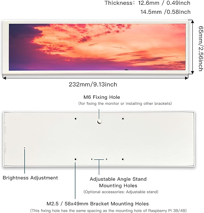8.8 Mini Stretched Bar Monitor Touchscreen 480x1920 PC Temperature Display 600nits High Brightness Portable Secondary Screen LCD Screen Inside PC Case White