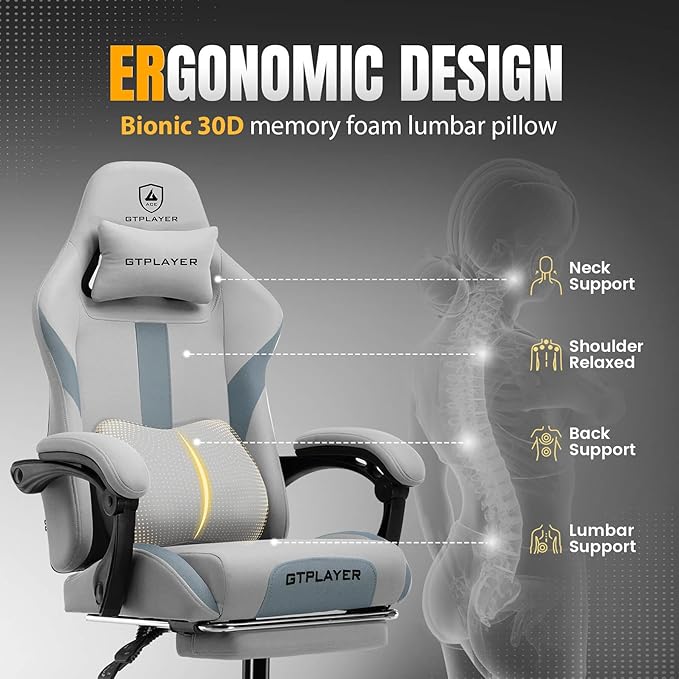 GTPLAYER Gaming Chair with Foot Rest &amp Pocket Spring Cushion Ergonomic High Back Computer Desk Chair with Headrest &amp Lumbar Support for Back Pain Relief Breathable Fabric Moon Gray