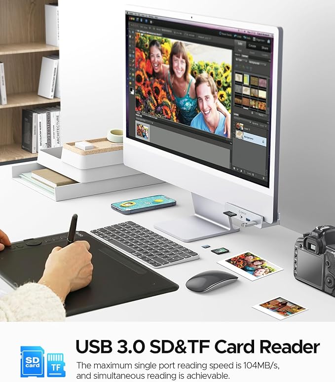 ORICO USB Hub 3.0 Clamp USB Hub with Extra Power Port Aluminum USB C Adapter with 2 USB-A Data Ports3.5mm AUX SD/TF Card Reader for Desktop(Silver)