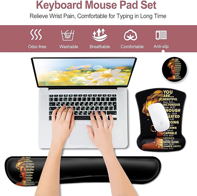 Black Mouse Pad with Stitched Edge Non-Slip Rubber Base African American Wall Art Black Woman Queen PatternOffice Accessories Desk Decor for Computers Mouse Pad and Keyboard Wrist Guard Set