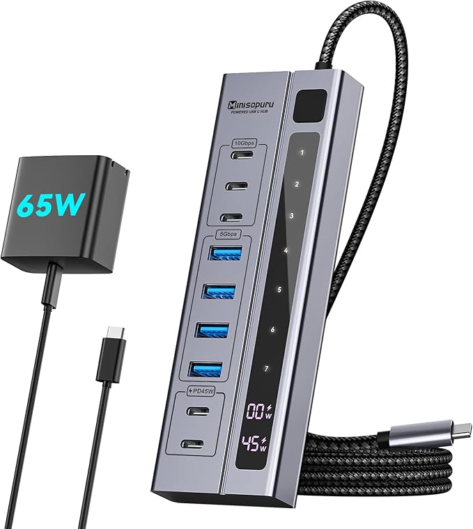 Minisopuru Powered USB C Hub – Support Max 45W Charging with 65W USB-C Power Adapter 10Gbps USBC Hub Charging for Meta Quest Pro Steam iPad Pro iPhone Watch (Not for Monitor)