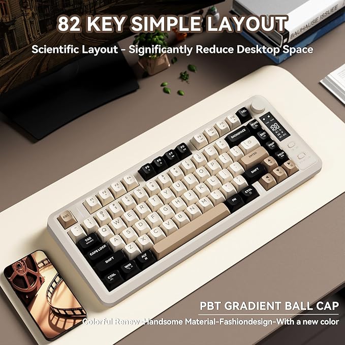 ZIYOU LANG M75 Wireless Gaming Keyboard RGB Backlit Rechargeable 2000mAh Battery Small Membrane But Mechanical Feel Keyboard with Smart Display &amp Knob PBT Gradient keycaps for PC MAC - Cheese