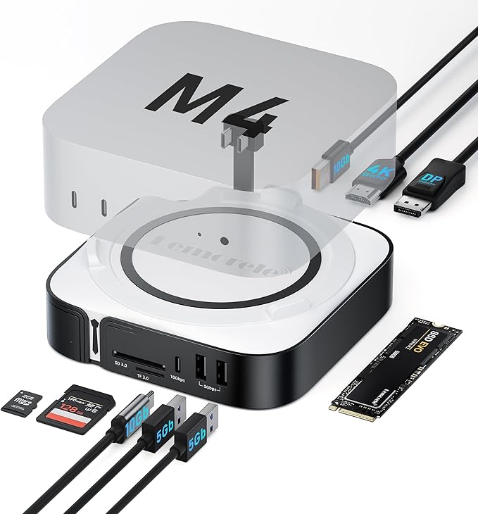 Lemorele 9-in-1 Mac mini M4 Dock Dual 4K@60Hz HDMI 2.0 &amp DP 1.4 10Gbps M.2 NVMe Slot 10Gbps USB-C &amp USB-A 2X USB-A 3.0 SD/TF 2.0 Card Reader Compatible with Mac mini M4/M4 Pro