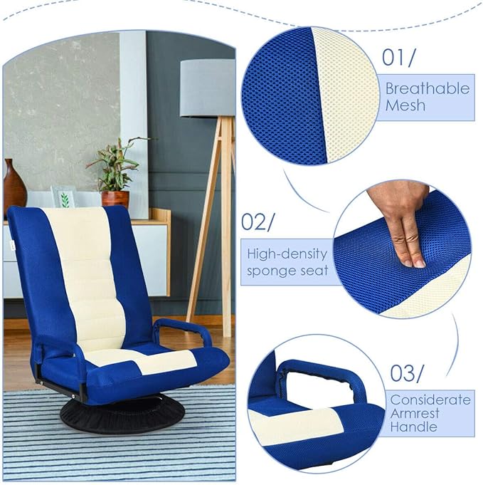 DORTALA 360 Degree Swivel Gaming Floor Chair 6-Position Adjustable Folding Floor Chair Comfortable Padded Backrest Lazy Sofa Chair Game Rocker for Teens Adults Blue