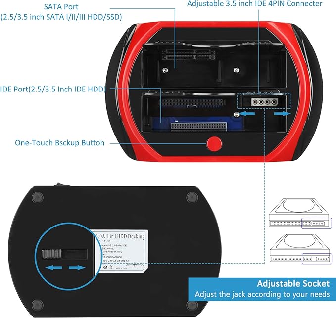 Hard Drive Docking Station TCC-S862-US USB 2.0 to 2.5 3.5 Inch SATA IDE Dual Slots External Enclosure with All in 1 Card Reader and USB 2.0 Hub for 2.5 3.5 IDE SATA I/II/III HDD SSD