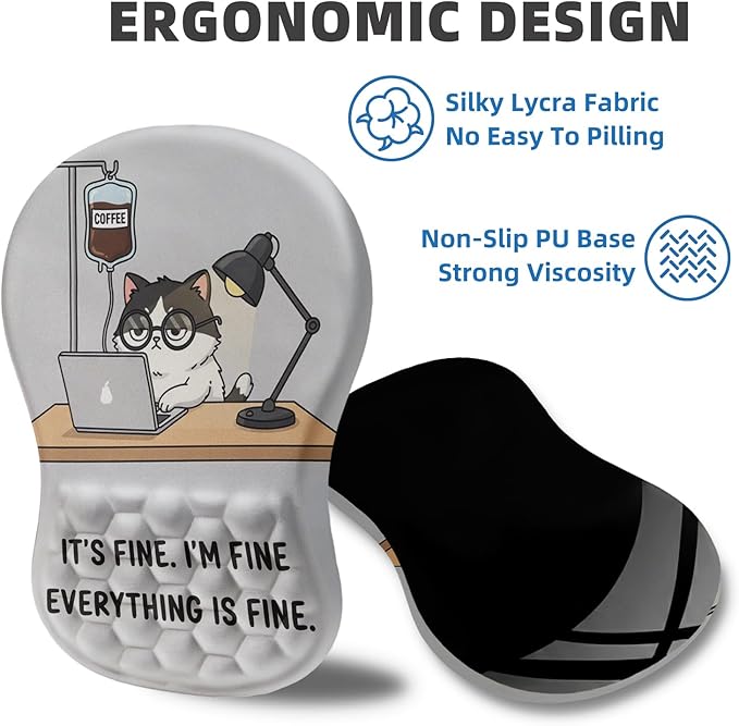 Ergonomic Mouse Pad Wrist Rest Carpal Tunnel Pain Relief Wrist Support Mousepad with Massage Bulge Memory Foam (Coffee Cat 11.8x7.9 in)