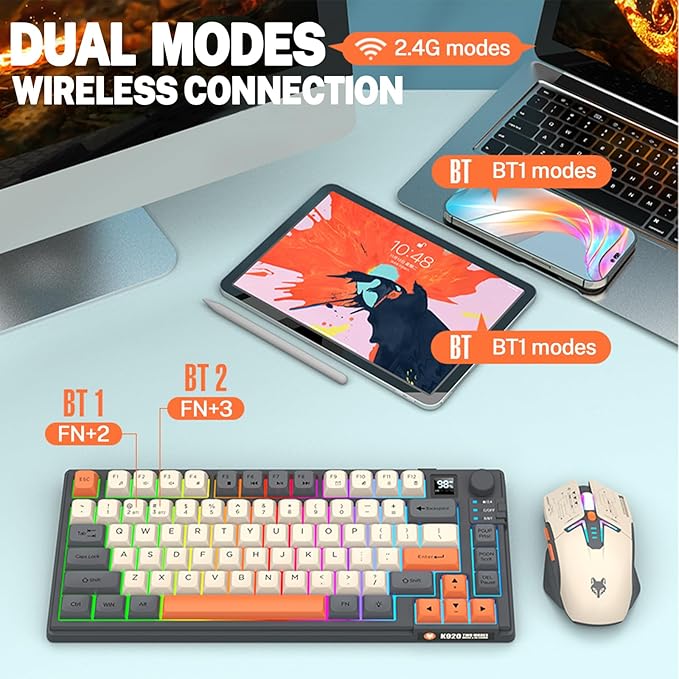 75 ％ Wireless Gaming Keyboard and Mouse Combo Tri-Mode BT5.0/2.4GHz/USB-C RGB Backlit Keyboard + 3D 1600DPI Mice 2000mAh Battery 80 Keys Knob Volume Control (Black)