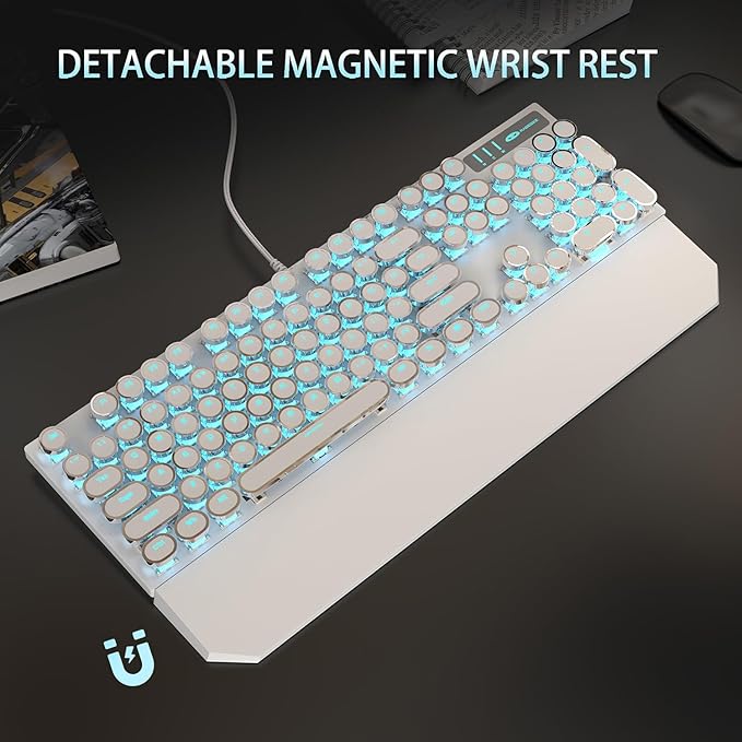 Camiysn Typewriter Style Mechanical Gaming Keyboard White Retro Punk Gaming Keyboard with Blue Backlit 104 Keys Blue Switch Wired Cute Keyboards Round Keycaps for Windows/Mac/PC