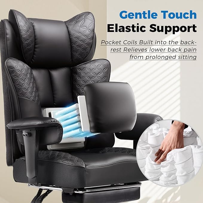 GTPLAYER Big and Tall Office Chair 400LBS Wide Ergonomic Gaming Chair with Deluxe Embossing Designed Leather with Foot Rest150°Reclining Adjustable Soft Armrests Pocket Spring Back Support and Pillow