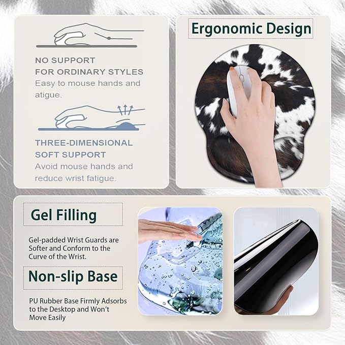 Large Mouse Pad Ergonomic Mouse Pad with Wrist Rest and Keyboard Wrist Rest 4 in 1 Set 31.5 x11.8 inch Extended Desk Pad for Home Office Cute Funy Faux Black Brown Cowhide Fur XXL Gaming Mouse Mat