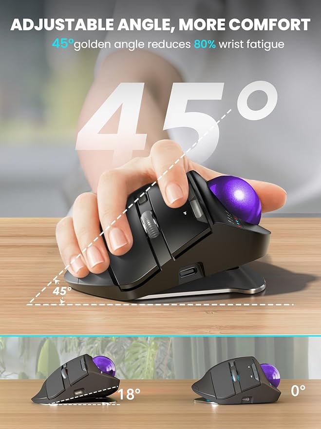 MAM1 Pro Wireless Trackball Mouse Ergonomic Bluetooth Rechargeable Computer Mouse Backlit Rollerball Thumb mice with 5 Level DPI Adjustable Angle 3 Devices Connection for PC Windows - Purple Ball