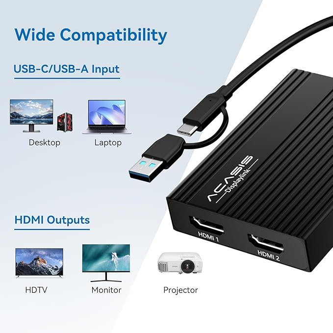 ACASIS USB C to Dual HDMI DisplayLink Adapter 4K@60Hz 2 HDMI &amp 3 USB-A Ports 100W PD Charging USB C DisplayLink Docking Station for Mac M1/M2/M3/WindowsUSB A/C to Dual Monitor Adapter (Black)