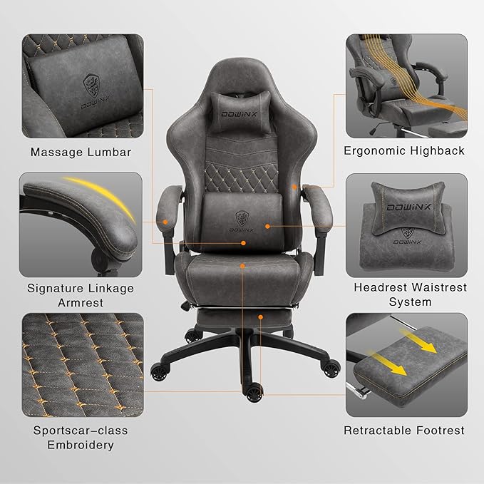 Dowinx Gaming Chair Big and Tall Ergonomic Game Chair for Adults with Footrest and Massage Lumbar Support High Back Computer Gamer Chair PU Leather 350Lbs for Office Home Grey