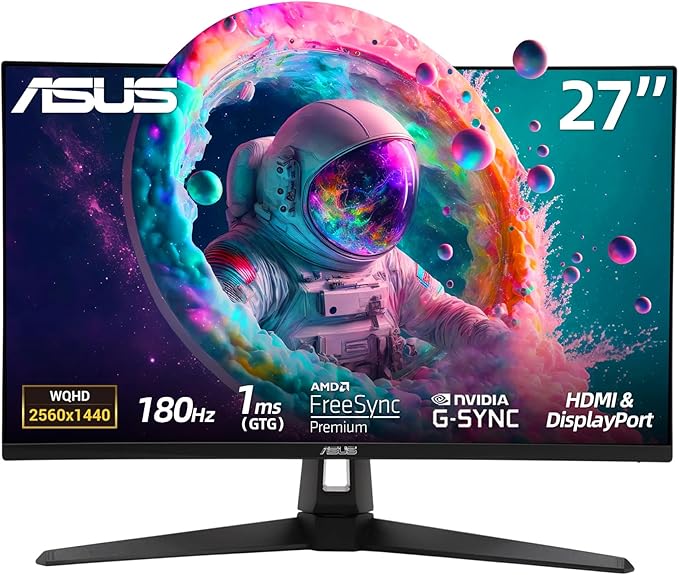 ASUS TUF 27 IPS Gaming Monitor QHD (2560x1440) 180Hz LED Display 1ms Adaptive-Sync 130% sRGB HDR10 ELMB Sync Anti-Glare Variable Overdrive HDMI DisplayPort Speakers Wall Mountable
